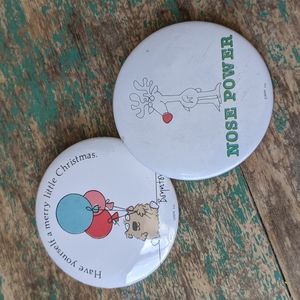 Vintage Sandra Boynton Christmas Holiday Pinback Buttons, lot of 2